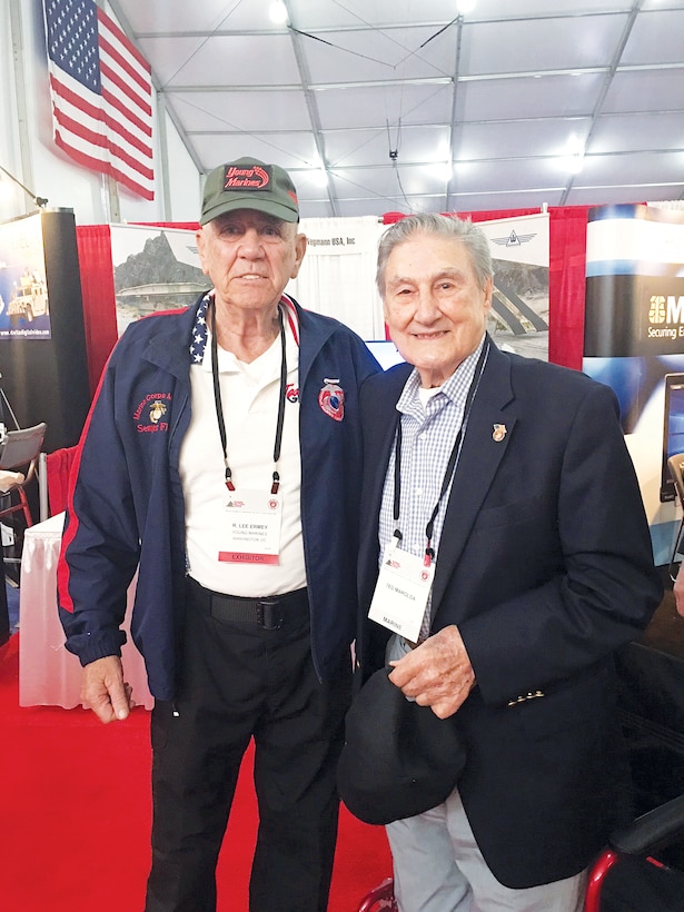 The famous Marine"Gunny" R. Lee Ermey meets with Marine WWII veteran Theordore Marolda Sr. at the recent Modern Day Marine Military Exposition.