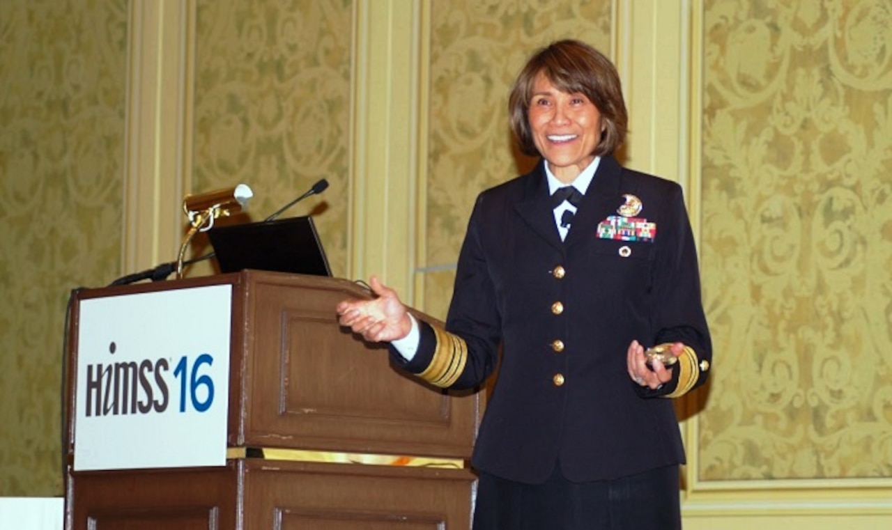 Navy Vice Adm. (Dr.) Raquel Bono, the director of the Defense Health Agency, speaks at the Healthcare Information and Management System Society