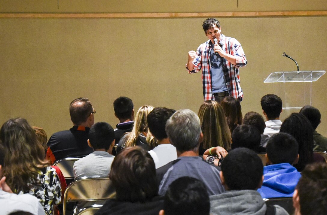 Shannon Pickard, motivational speaker, presents before 300 eighth grade students during the Annual Business Expo hosted by the Chamber of Commerce at the McNease Convention Center in San Angelo, Texas, Sept. 27, 2017. The Business Expo hosted the Career Connection Symposium where local eighth graders visited with exhibitors about career paths available in the Concho Valley. (U.S. Air Force photo by Airman Zachary Chapman/Released)