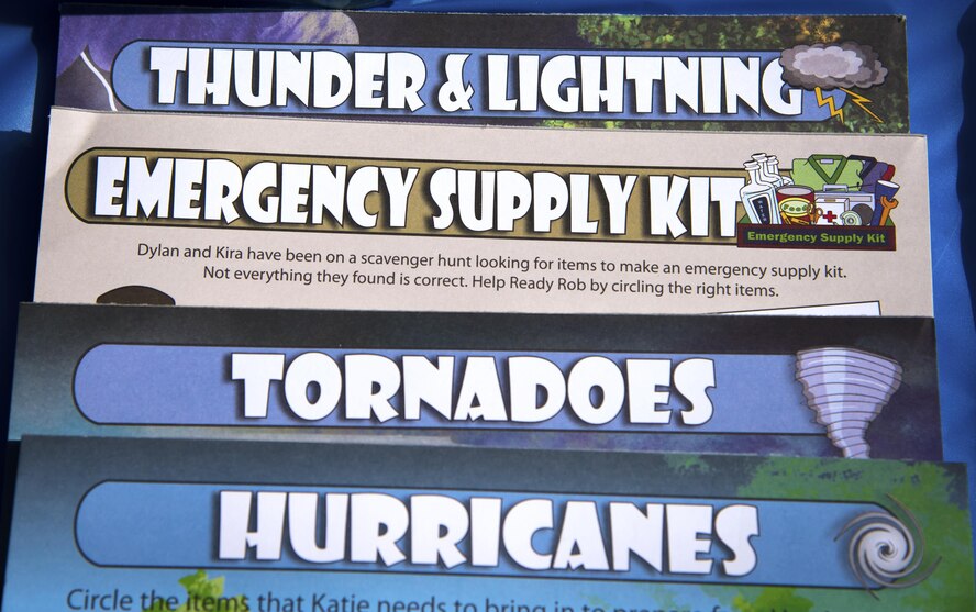Natural disaster activity sheets rest on display during the National Preparedness event, Sept. 27, 2017, at Moody Air Force Base, Ga. Members from the 23d Civil Engineer Squadron partnered with the American Red Cross to raise awareness and provide information on preparing for natural disasters. (U.S. Air Force photo by Airman Eugene Oliver)