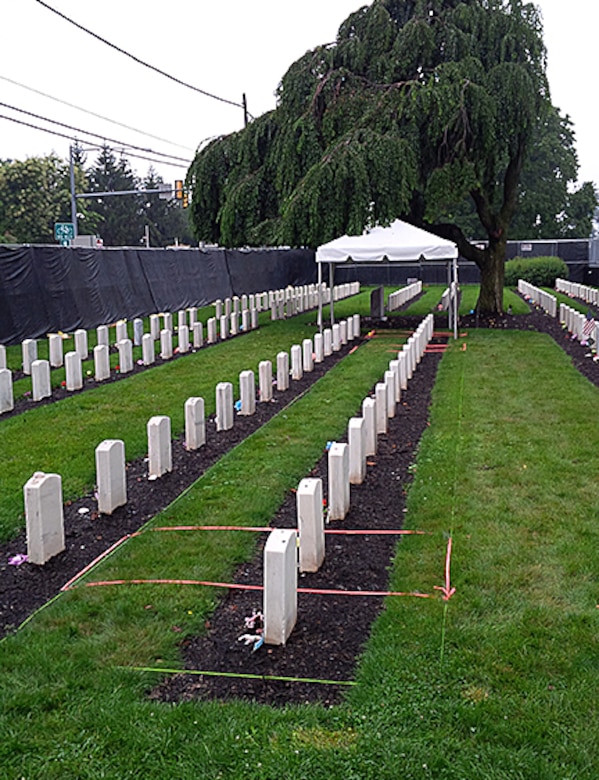 Grave markers located at the cemetery on Carlisle Barracks show where the remains of two Arapaho children were located and disinterred in August 2017. The marked area around the buried remains represents the excavation area.