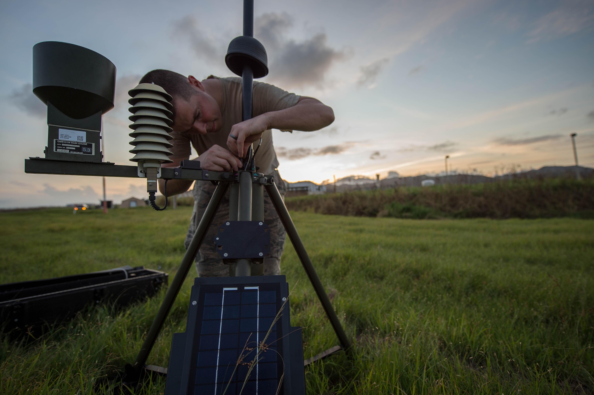 Tech. Sgt. Brian Thompkins, 921st Contingency Response Squadron weather forecaster, sets up a Tactical Airfield Weather Center at Roosevelt Roads, Puerto Rico, Sept. 25, 2017. A 70 member contingency response element from the 821st Contingency Response Group stationed at Travis Air Force Base, Calif., deployed to Puerto Rico in support of Hurricane Maria relief efforts. (U.S. Air Force photo by Staff Sgt. Robert Hicks)