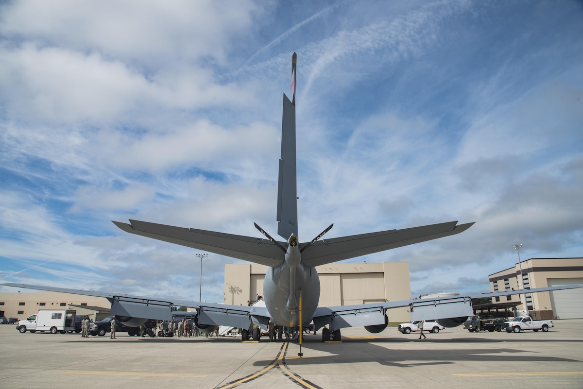 An Air National Guard KC-135 Stratotanker sits parked on the tarmac immediately after landing on the flight line at Joint Base McGuire-Dix-Lakehurst, N.J., Sept. 26, 2017. The tanker, its crew from the 141st Air Refueling Squadron, and 108th Airmen return from supporting the ongoing refueling mission at Andersen Air Force Base, Guam. (U.S. Air National Guard photo by Staff Sgt. Ross A. Whitley/Released)
