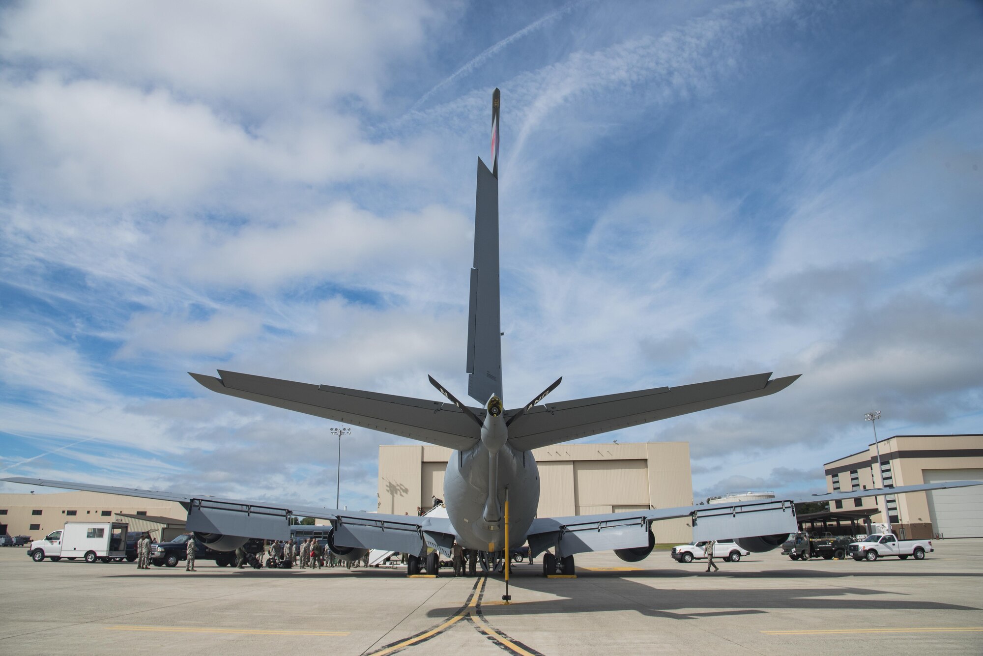 An Air National Guard KC-135 Stratotanker sits parked on the tarmac immediately after landing on the flight line at Joint Base McGuire-Dix-Lakehurst, N.J., Sept. 26, 2017. The tanker, its crew from the 141st Air Refueling Squadron, and 108th Airmen return from supporting the ongoing refueling mission at Andersen Air Force Base, Guam. (U.S. Air National Guard photo by Staff Sgt. Ross A. Whitley/Released)