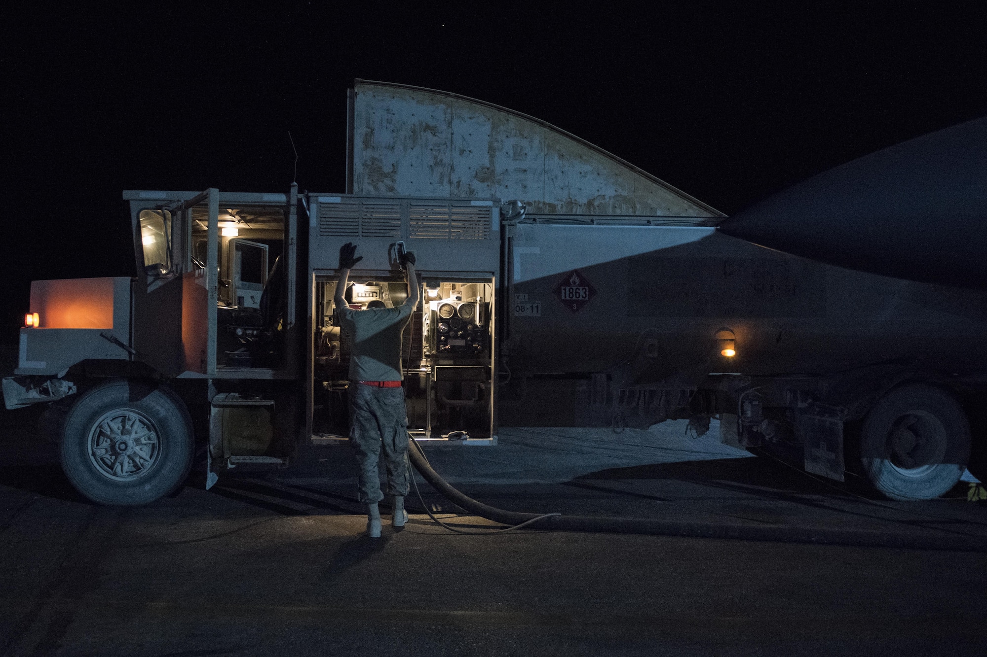 Staff Sgt. Kenneth Zaun, 332nd Expeditionary Logistics Readiness Squadron fuels flight controller, pumps fuel into a F-15E Strike Eagle, July 22, 2017 in Southwest Asia. The fuels flight operates a 24-hour shift, doing their part to ensure aircraft are mission ready. (U.S. Air Force photo/Senior Airman Damon Kasberg)