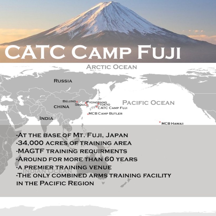 CATC Camp Fuji is located at the base of the highest mountain in Japan, Mount Fuji, and is a premier training venue that is used by U.S. armed forces and the Japan Self-Defense Force. It is 34,000 acres of training area, and is the only combined arms training facility in the Pacific Region.