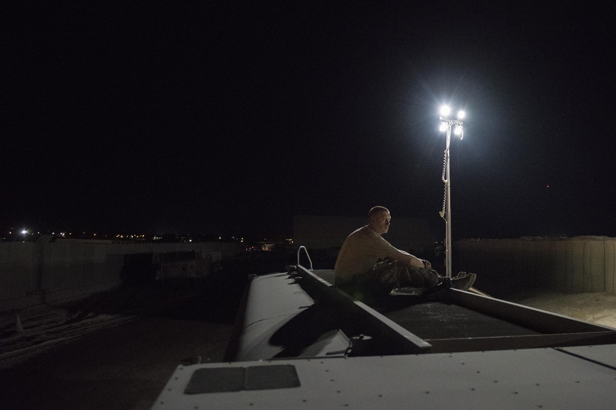 Staff Sgt. Kenneth Zaun, 332nd Expeditionary Logistics Readiness Squadron fuels flight controller, refills a fuel truck July 22, 2017 in Southwest Asia. Throughout the night members of the 332nd ELRS deliver thousands of gallons of fuel to aircraft, ensuring they are mission ready.
(U.S. Air Force photo/Senior Airman Damon Kasberg)