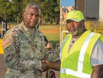 Lamar Buford, DLA Distribution Red River Expeditionary Team’s division chief (right) meets DLA director, Army Lt. Gen. Darrell Williams at Maxwell Air Force Base, Alabama.
