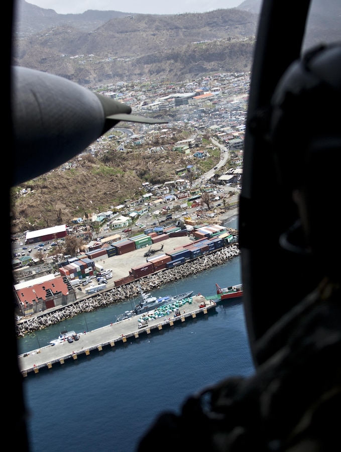 View from inside a U.S. Army helicopter as it flies over Roseau, Dominica.