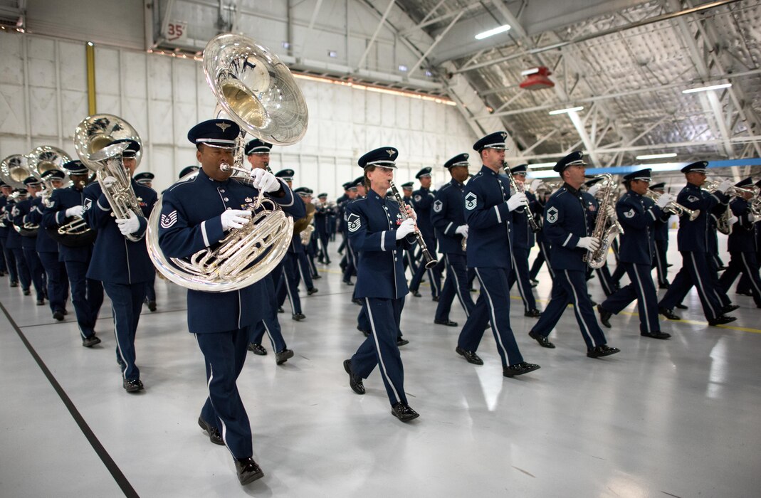 Members of the Concert Band, Ceremonial Brass and Airmen of Note collaborate in a rehearsal at Joint Base Andrews for the 2017 Macy's Thanksgiving Day Parade (U.S. Air Force Photo by CMSgt Bob Kamholz)