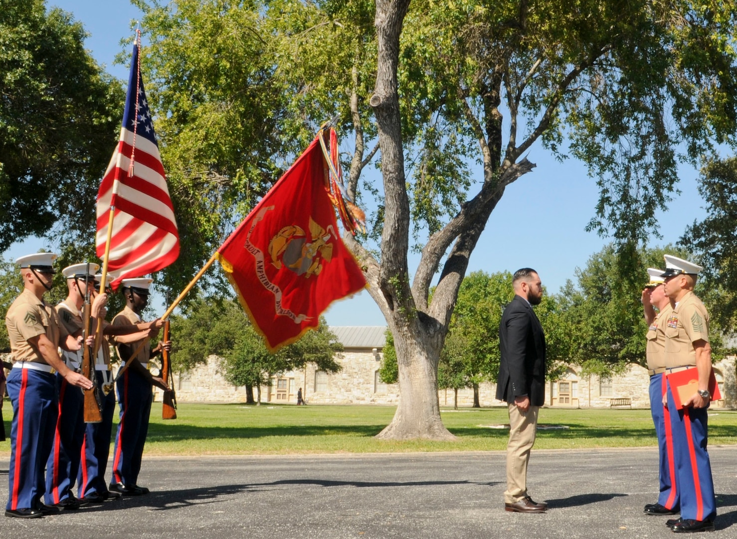 A Marine stands guard near the site of the Marine Battalion