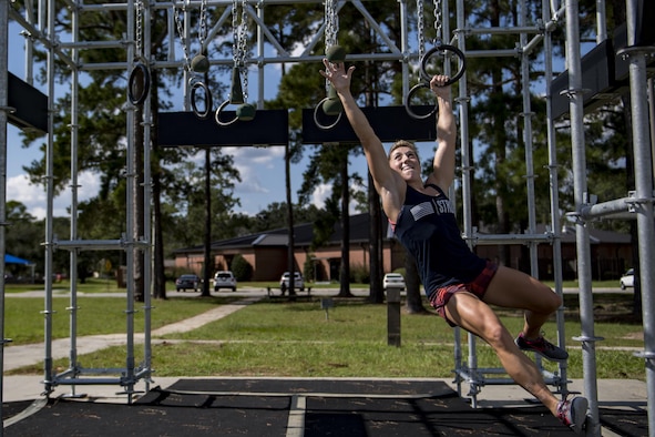 Capt. Abby Wilkins, an Alpha Warrior competitor and qualifier for the regional competition, navigates the final obstacle during a qualifying run through an Alpha Warrior battle rig, Sept. 27, 2017, at Moody Air Force Base, Ga. The Alpha Warrior program was adopted by the Air Force in support of the Comprehensive Airmen Fitness pillars: mental, social, physical and spiritual. (U.S. Air Force photo by Airman 1st Class Daniel Snider)