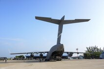 A C-17 Globemaster III arrives at Ixetepec Airport, Oaxaca, Mexico Sept. 22. At the request of the Mexican government, the C-17 and its six-member crew from Travis Air Force Base, Calif., assisted U.S. efforts to provide humanitarian aid to Mexico by airlifting over 31,000 pounds of hygiene and medical supplies to the area after a 7.1-magnitude earthquake struck Mexico City Sept. 19. (U.S. Air Force photo/2nd Lt. Sarah Johnson)