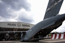 A C-17 Globemaster III from Travis Air Force Base, Calif., arrives at Benito Juárez International Airport, Mexico City, Mexico Sept. 23. At the request of the Mexican government, the C-17 and its six-member crew assisted U.S. efforts to provide humanitarian aid to Mexico by airlifting over 130,000 pounds of food, water, hygiene and medical supplies to Mexico City and Oaxaca after a 7.1-magnitude earthquake struck the area Sept. 19. (U.S. Air Force photo / 2nd Lt. Sarah Johnson)