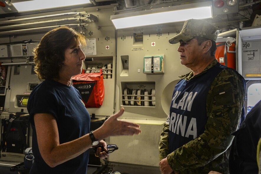 U.S. Ambassador to Mexico Roberta Jacobson visits with commandant of the Mexican marine corps Vice Admiral Rafael Lopez Martinez Sept. 23 on a C-17 Globemaster III from Travis Air Force Base, Calif., that was flown to Benito Juárez International Airport, Mexico City, Mexico on a humanitarian relief mission. At the request of the Mexican government, the C-17 and its six-member crew assisted U.S. efforts to provide aid to Mexico by airlifting over 130,000 pounds of food, water, hygiene and medical supplies to Mexico City and Oaxaca after a 7.1-magnitude earthquake struck the area Sept. 19. (U.S. Air Force photo / 2nd Lt. Sarah Johnson)