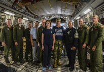 U.S. Ambassador to Mexico Roberta Jacobson (center) poses for a photo Sept. 23 with members of the 21st Airlift Squadron, a Mexican police corps officer and commandant of the Mexican marine corps Vice Admiral Rafael Lopez Martinez (center, left) on a C-17 Globemaster III from Travis Air Force Base, Calif., that was flown to Benito Juárez International Airport, Mexico City, Mexico on a humanitarian relief mission. At the request of the Mexican government, the C-17 and its six-member crew assisted U.S. efforts to provide aid to Mexico by airlifting over 130,000 pounds of food, water, hygiene and medical supplies to Mexico City and Oaxaca after a 7.1-magnitude earthquake struck the area Sept. 19. (U.S. Air Force photo / 2nd Lt. Sarah Johnson)