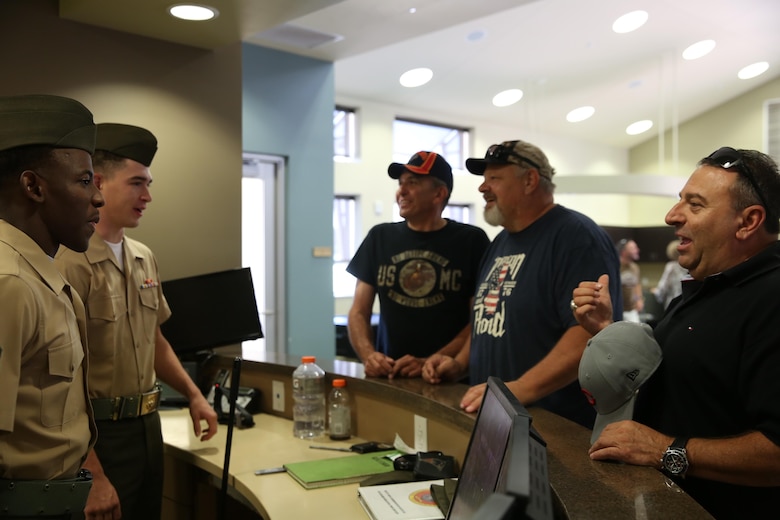 Veterans with 3/11 Association share their experiences in the Marine Corps with junior Marines on duty aboard the Marine Corps Air Ground Combat Center in Twentynine Palms, Calif. September 21, 2017. The 3/11 Association is a program that keeps veterans together and involved in the Marine Corps after their service. (U.S. Marine Corps photo by Lance Cpl. Christian Lopez)