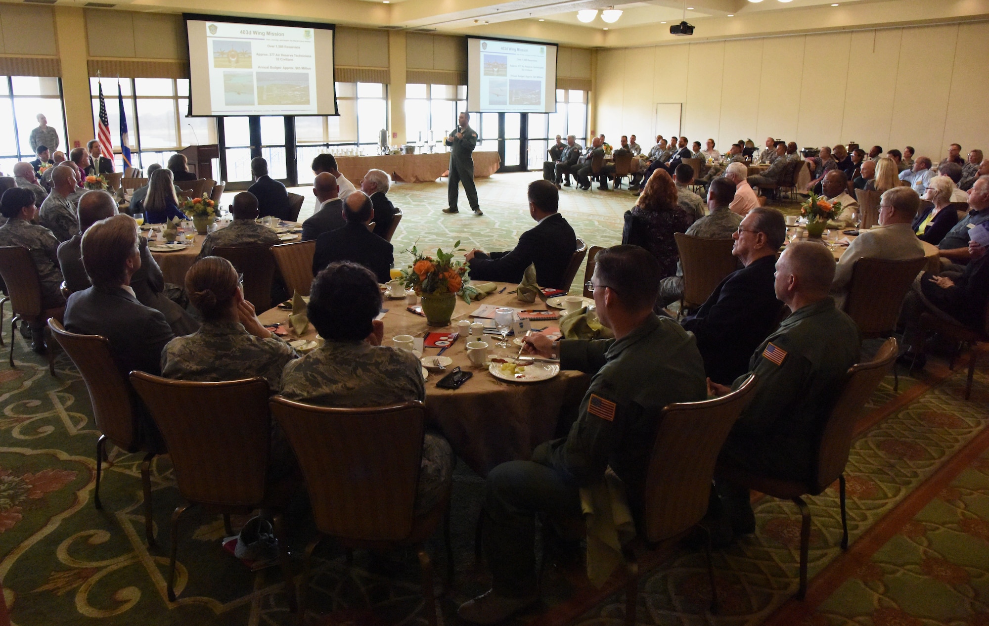 Col. Brian May, 403rd Operations Group commander, briefs the Hurricane Hunters’ mission during the Biloxi Chamber Morning Call at the Bay Breeze Event Center Sept. 28, 2017, on Keesler Air Force Base, Mississippi. Local business and community leaders attended the event to learn more about the base’s mission and its Airmen. During the event, hosted by the 81st Training Wing, members of the 334th Training Squadron drill team performed and several Keesler Airmen shared their story about why they joined the Air Force. (U.S. Air Force photo by Kemberly Groue)