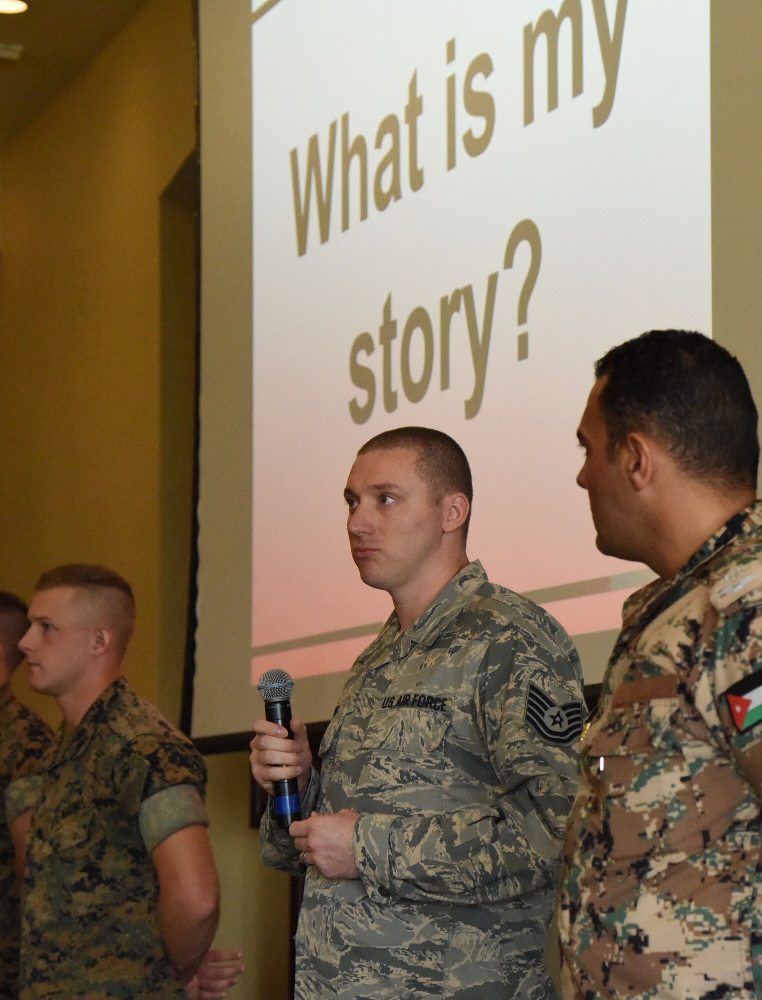 Tech. Sgt. Kevin Owens, 336th Training Squadron instructor, shares his story about why he joined the Air Force during the Biloxi Chamber Morning Call at the Bay Breeze Event Center Sept. 28, 2017, on Keesler Air Force Base, Mississippi. Local business and community leaders attended the event to learn more about the base’s mission and its Airmen. During the event, hosted by the 81st Training Wing, members of the 334th Training Squadron drill team performed and several Keesler Airmen shared their story about why they joined the Air Force. (U.S. Air Force photo by Kemberly Groue)