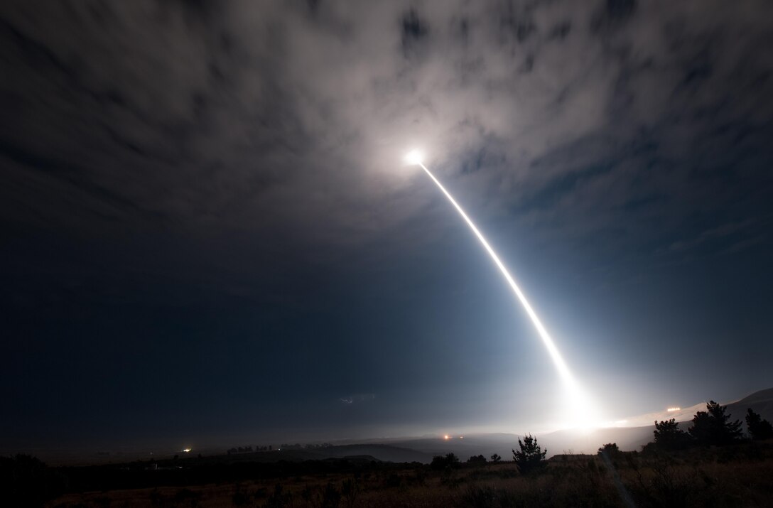 An unarmed Minuteman III intercontinental ballistic missile launches during an operational test at 2:10 a.m. Pacific Daylight Time Wednesday, Aug. 2, 2017, at Vandenberg Air Force Base, Calif. (U.S. Air Force photo by Senior Airman Ian Dudley/Released)