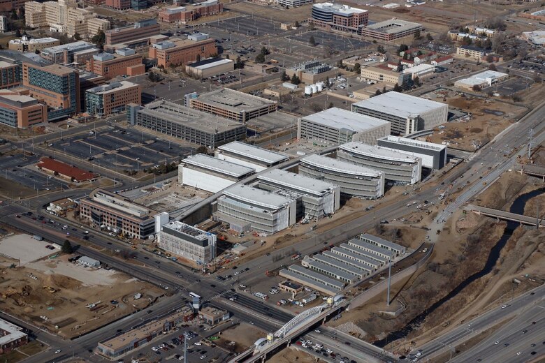 Aerial view of  the 12-building Department of Veteran Affairs replacement medical center under construction in Aurora, Colorado.