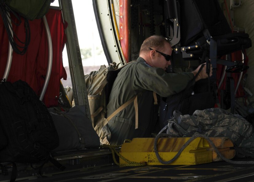 Capt. Michael Plash, 815th Airlift Squadron pilot, prepares to depart Sept. 23, 2017, to take part in Hurricane Maria relief operations. The U.S. Air Force Reserve’s 403rd Wing sent an 815th Airlift Squadron C-130J Super Hercules aircrew to MacDill Air Force Base, Florida where they transported patients from St. Croix, U.S. Virgin Islands, back to medical facilities in the United States. (U.S. Air Force photo/Staff Sgt. Shelton Sherrill)