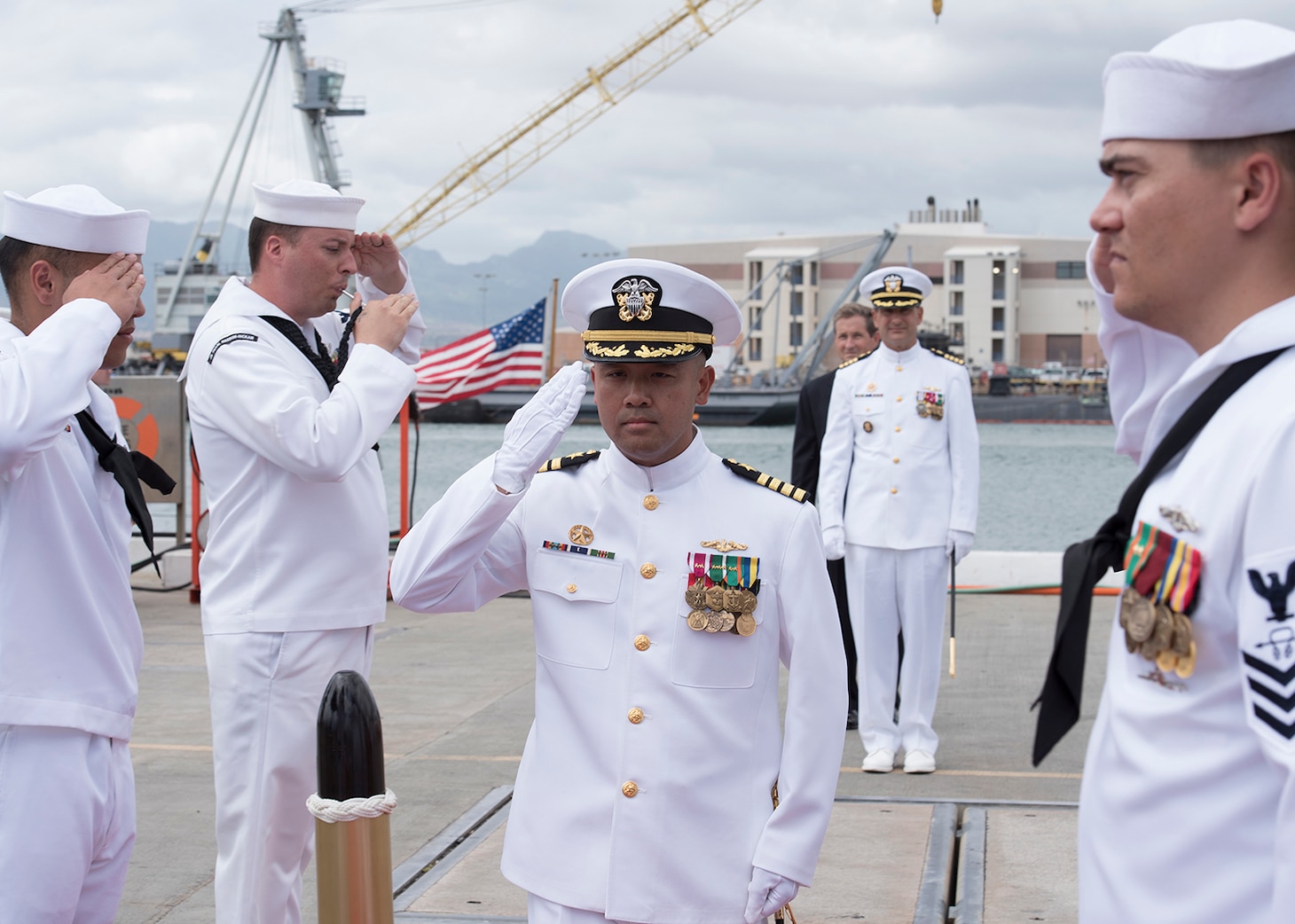 Capt. Albert Alarcon is piped aboard the Los Angeles-Class Attack submarine USS Columbus (SSN 762) for his change of command ceremony, Sept. 21. (U.S. Navy Photo by Mass Communication Specialist 2nd Class Shaun Griffin/Released)