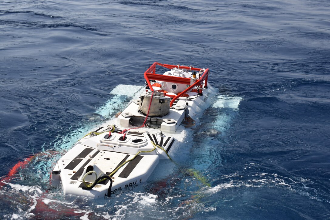 The NATO Submarine Rescue System (NSRS) submarine Nemo prepares to make a simulated rescue dive as part of NATO submarine escape and rescue exercise Dynamic Monarch 2017 while off the coast of Marmaris, Turkey.   (NATO photo by Denver Applehans/Released.)