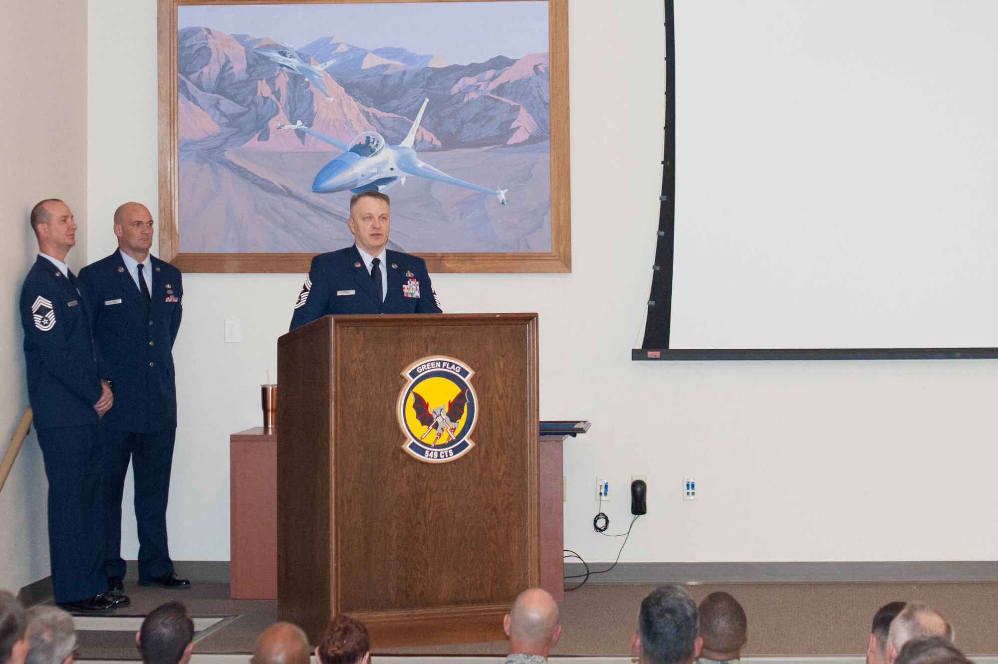 Chief Master Sgt. James Loper addresses the audience at the Assumption of Responsibilities Ceremony held at Nellis Air Force Base, Nevada, on Sept. 27. Chief Master Sgt. Loper succeded Chief Master Sgt. Thomas Brandhuber as Tenth Air Force Comand Chief Master Sgt. takng on the responsibilities for the morale and welfare of almost 20,000 Airmen in 10th Air Force. (Air Force photo by Lt. Col. Jessica D'Ambrosio)