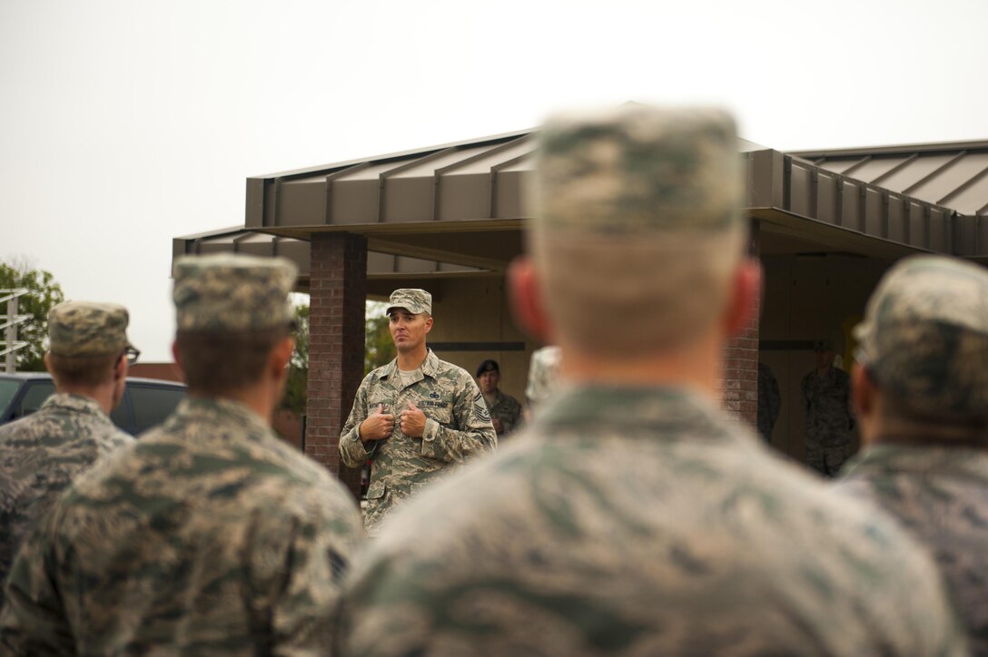 U.S. Air Force Senior Master Sgt. Russell Weatherby, 17th Security Forces Squadron individual mobilization augmenter, thanks volunteers for attending the Jacobson ruck march at the parade field on Goodfellow Air Force Base, Texas, Sept. 28, 2017. Weatherby led Jacobson’s fire team and was present when she was killed. (U.S. Air Force photo by Senior Airman Scott Jackson/Released)