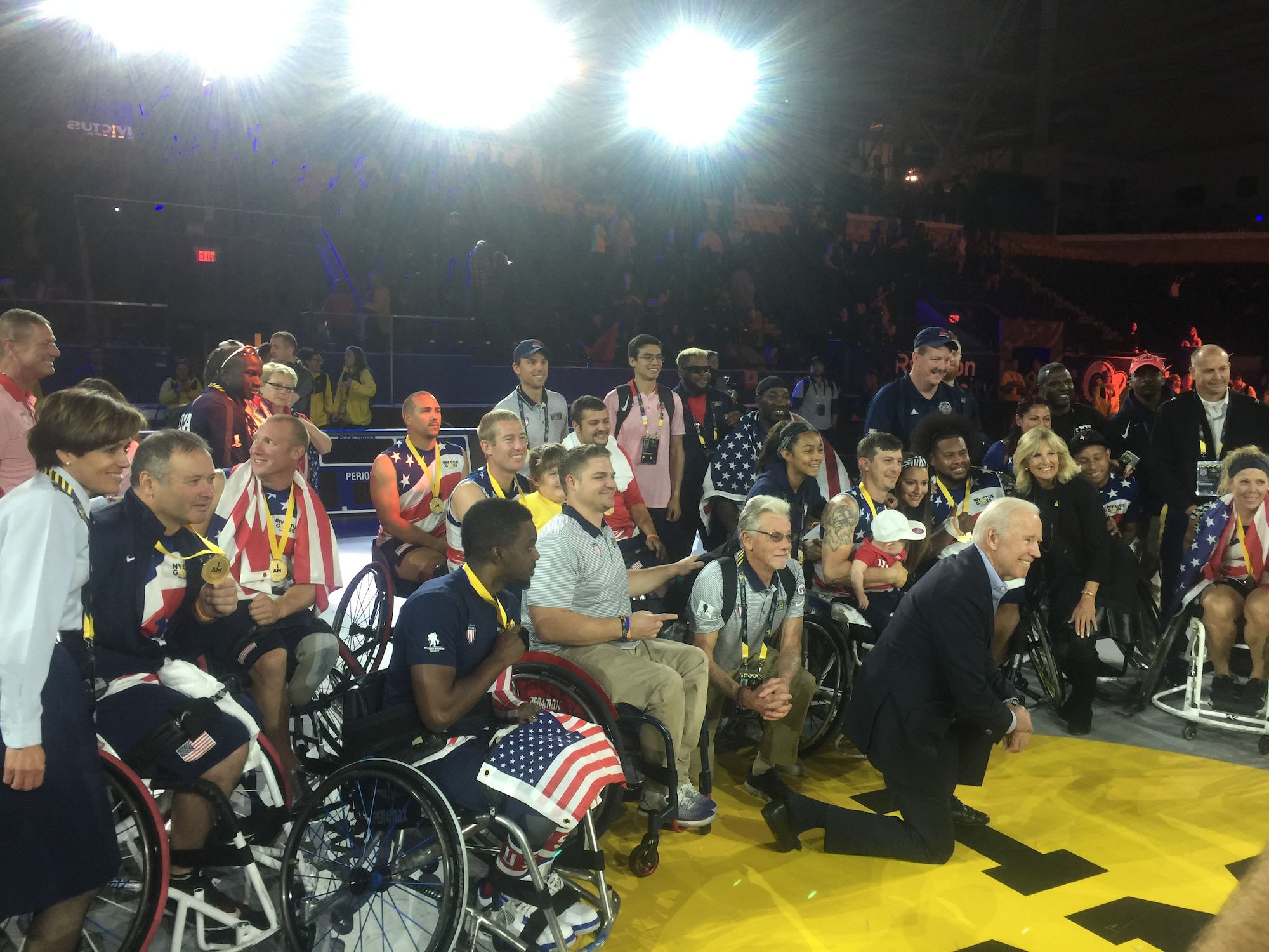 U.S. Lt. Gen. Gina Grosso (far left), Air Force Deputy Chief of Staff for Manpower and Personnel Services, stands several members of Team U.S. and Joseph Robinette "Joe" Biden Jr. (kneeling center), 47th Vice President of the United States, at the 2017 Invictus Games in Toronto, Canada, Sept. 29, 2017. The Invictus Games were established by Prince Harry of Wales in 2014, and have brought together wounded and injured veterans from 17 nations to compete across 12 adaptive sporting events. (Courtesy photo)