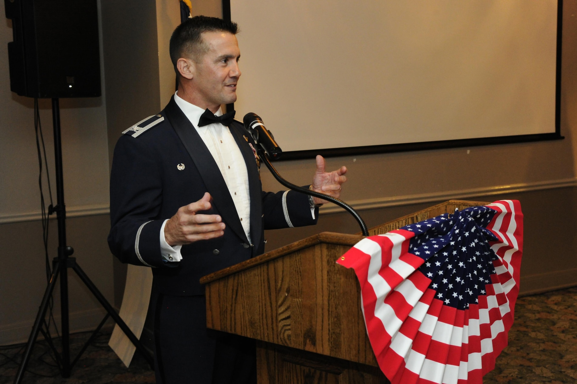 Col. Charles Velino, 47th Flying Training Wing commander, gives closing remarks attendees at the Air Force Ball on Laughlin Air Force Base, Texas, Sept. 30, 2017.  The Air Force Ball is an observance of the U.S. Air Force transitioning into its own branch of the U.S. Armed Forces on Sept. 18, 1947.