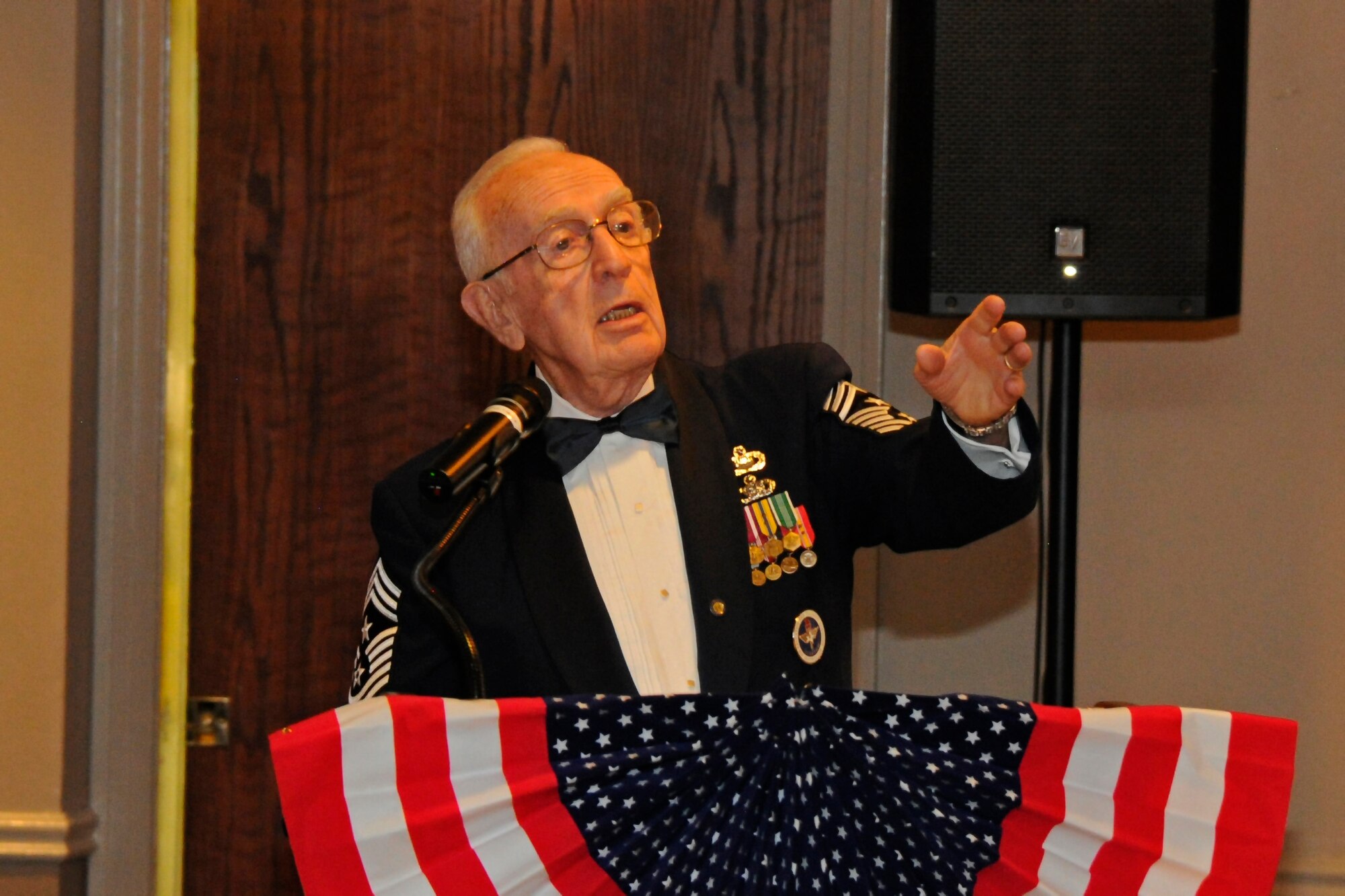 Retired Chief Master Sgt. Robert Mehaffey, recalls the highlights of his career as a guest speaker to attendees at the Air Force Ball on Laughlin Air Force Base, Texas, Sept. 30, 2017.  The Air Force Ball is an observance of the U.S. Air Force transitioning into its own branch of the U.S. Armed Forces on Sept. 18, 1947.