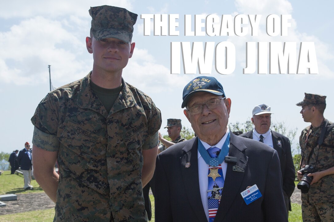 Lance Cpl. Jamin M. Powell, a combat mass communicator with 3rd Marine Logistics Group, meets Medal of Honor recipient retired Marine Chief Warrant Officer 4 Hershel "Woody" Williams on Mount Suribachi during the 73rd Reunion of Honor March 24, 2018 at Iwo To, Tokyo, Japan.