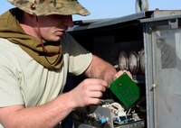 Staff Sgt. Jordan Tyler, 451st Expeditionary Aircraft Maintenance Squadron aircraft ground equipment specialist makes adjustments to an external power cart, March 23, 2018.