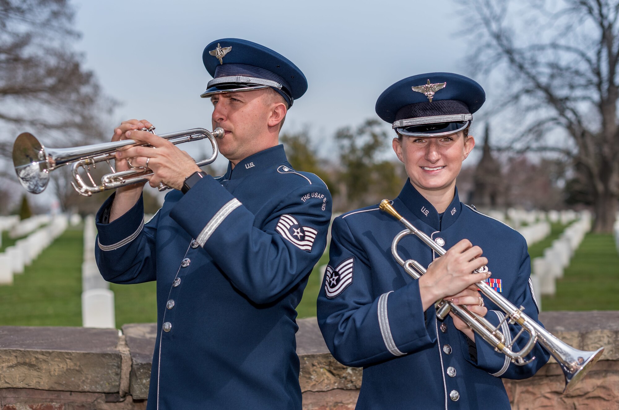 Technical Sgts. Adrian Holton and Kristin Cazenave, both new members of the Ceremonial Brass, share a remarkable history prior to their service in the U.S. Air Force Band. (Photo by TSgt Brandon Chaney/released)