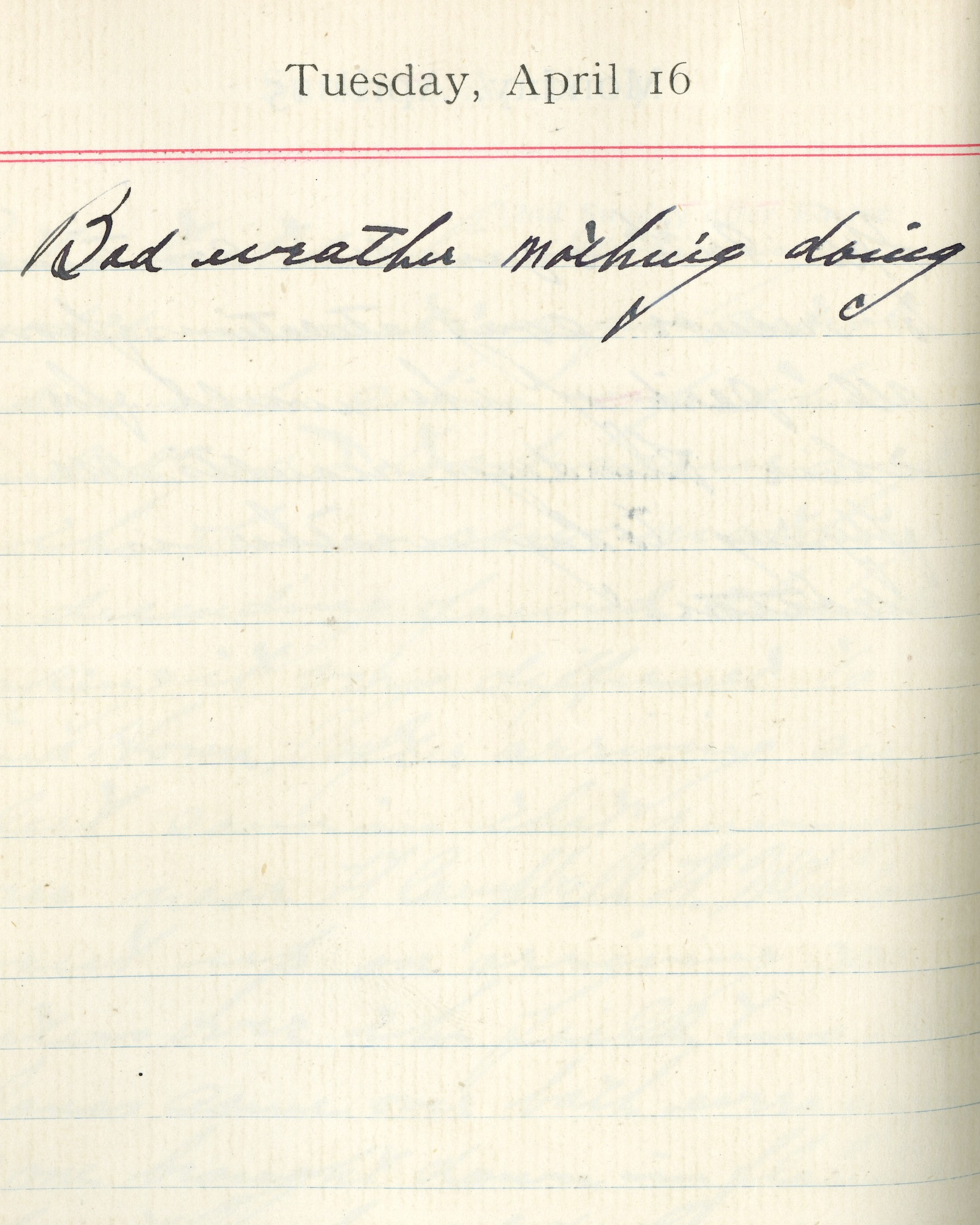 Capt. Edward V. Rickenbacker's 1918 wartime diary entry. (04/16/1918). Bad weather, nothing doing.