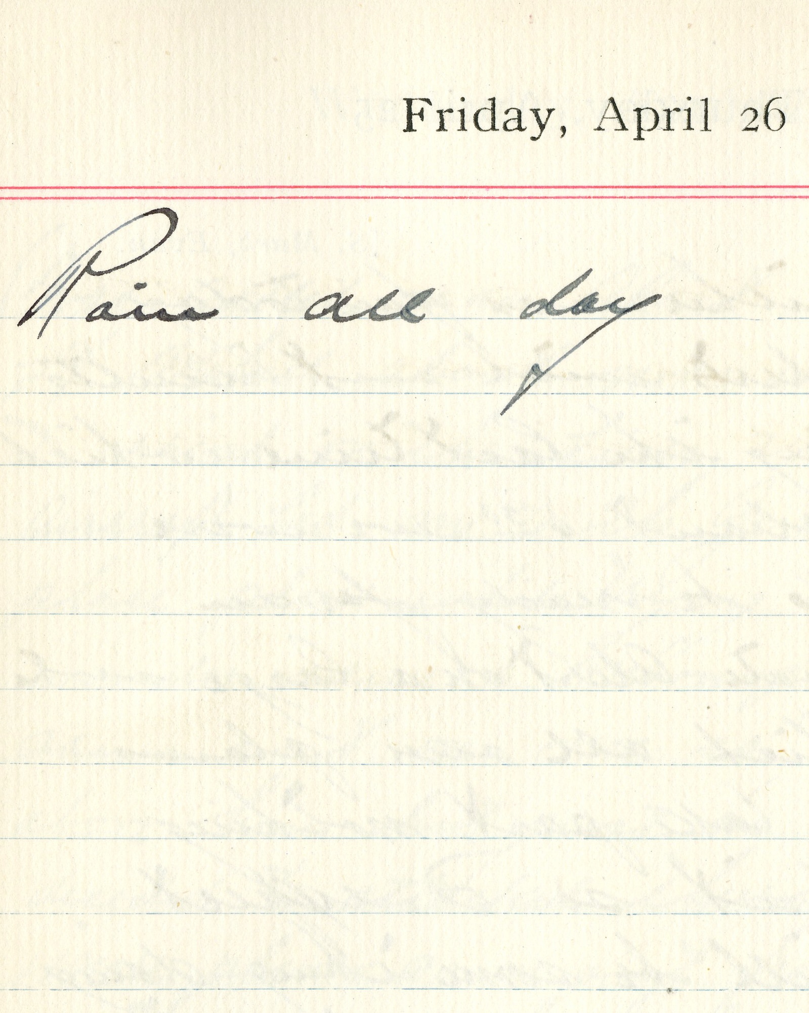 Capt. Edward V. Rickenbacker's 1918 wartime diary entry. (04/26/1918) Rain all day.