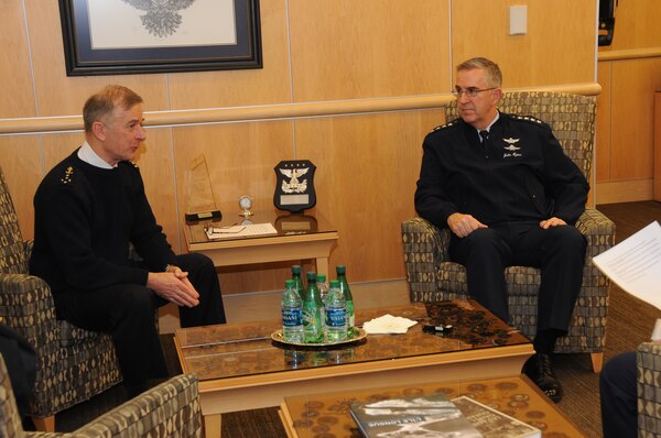 Adm. Phillipe Coindreau, vice chief of defense, French Armed Forces, and U.S. Air Force Gen. John Hyten, commander of U.S. Strategic Command (USSTRATCOM), participate in an interview at USSTRATCOM headquarters at Offutt Air Force Base, Neb., March 26, 2018. During his visit, Coindreau toured the command’s global operations center and participated in discussions with Hyten, other senior leaders and subject matter experts on the continuing collaboration between the United States France.