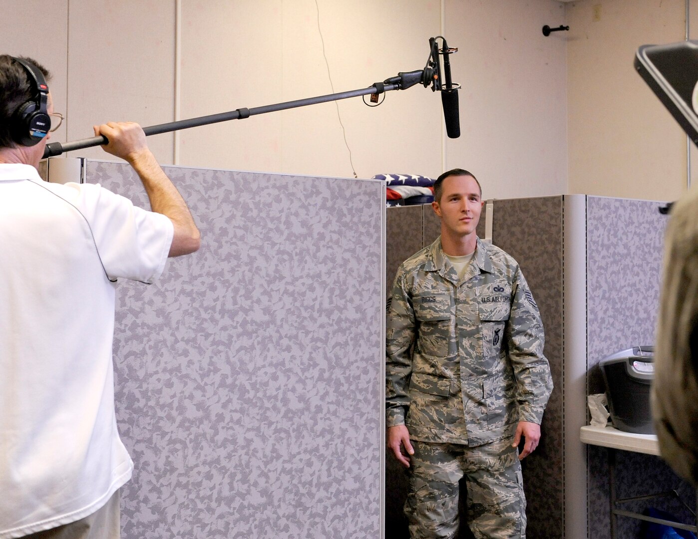 Devon Ryan an actor, portrays Staff Sgt Riggs during the recording of one of the scenarios to be included in the What Now Airman series for Defenders, Joint Base San Antonio – Randolph, Texas, March 19, 2018. The Defender training video is being developed to support the new Air Force Global Strike Command Security Forces New Supervisor Workshop and other Security Force units in the Air Force.