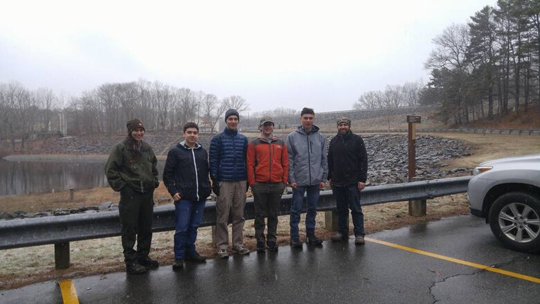 Park Ranger Nicole Giles, Professor Justin Sauvageau and students from Shepherd Hill Regional High School brave the bad weather to install Wood Duck Boxes, Feb. 20, 2018.