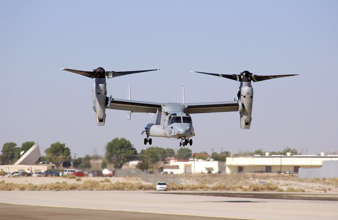 #OTD 4 Apr 2003 at Edwards - The CV-22 Osprey test team reached a milestone when the tilt-rotor aircraft successfully completed a terrain-following radar exercise.  The event took place during the multi-mode radar test plan segment of its test plan. (U.S. Air Force photo)