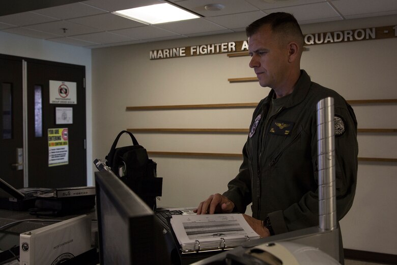 The Commanding Officer of Marine Fighter Attack Squadron 122 (VMFA-122), Lt. Col. John P. Price, conducts a pre-flight check in preperation of VMFA-122's first flight operations in an F-35B Lightning II on Marine Corps Air Station (MCAS) Yuma, Ariz., March 29, 2018. VMFA-122 is conducting the flight operations for the first time as an F-35 squadron.