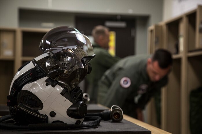 The Commanding Officer of Marine Fighter Attack Squadron 122 (VMFA-122), Lt. Col. John P. Price, and Maintenance Officer of VMFA-122, Maj. Christopher J. Kelly, prepare for VMFA-122's first flight operations in an F-35B Lightning II on Marine Corps Air Station (MCAS) Yuma, Ariz., March 29, 2018. VMFA-122 is conducting the flight operations for the first time as an F-35 squadron.