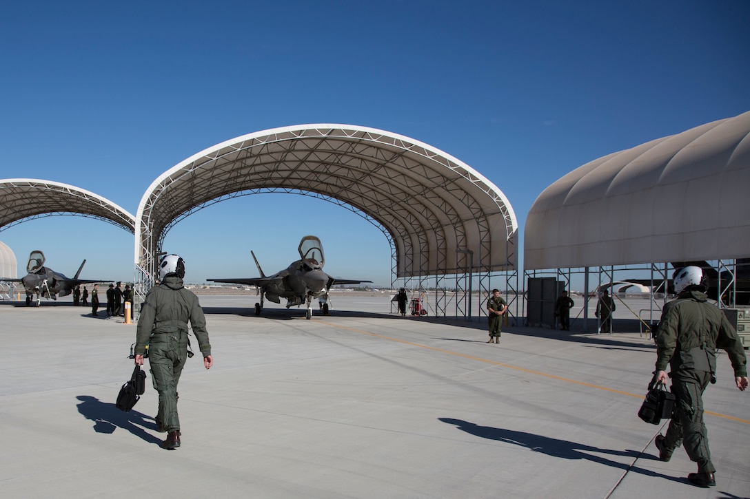 The Commanding Officer of Marine Fighter Attack Squadron 122 (VMFA-122), Lt. Col. John P. Price, and Maintenance Officer of VMFA-122, Maj. Christopher J. Kelly, prepare for VMFA-122's first flight operations in an F-35B Lightning II on Marine Corps Air Station (MCAS) Yuma, Ariz., March 29, 2018. VMFA-122 is conducting the flight operations for the first time as an F-35 squadron.