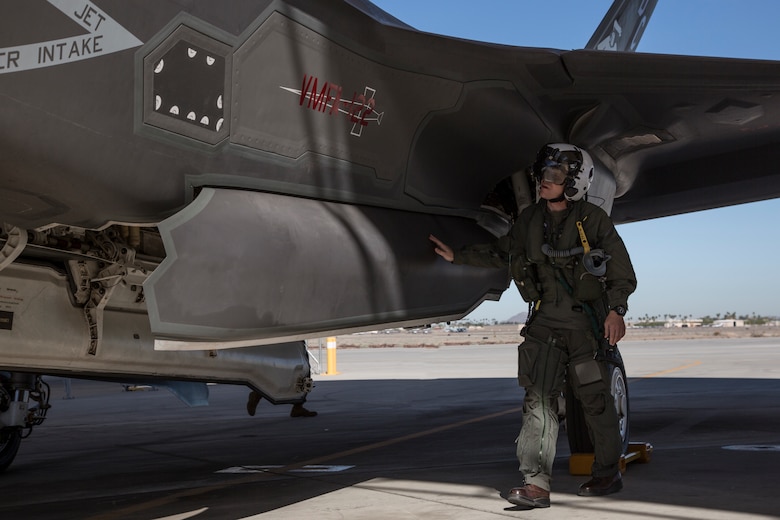 The Commanding Officer of Marine Fighter Attack Squadron 122 (VMFA-122), Lt. Col. John P. Price, conducts a pre-flight check of his aircraft in preperation of VMFA-122's first flight operations in an F-35B Lightning II on Marine Corps Air Station (MCAS) Yuma, Ariz., March 29, 2018. VMFA-122 is conducting the flight operations for the first time as an F-35 squadron.