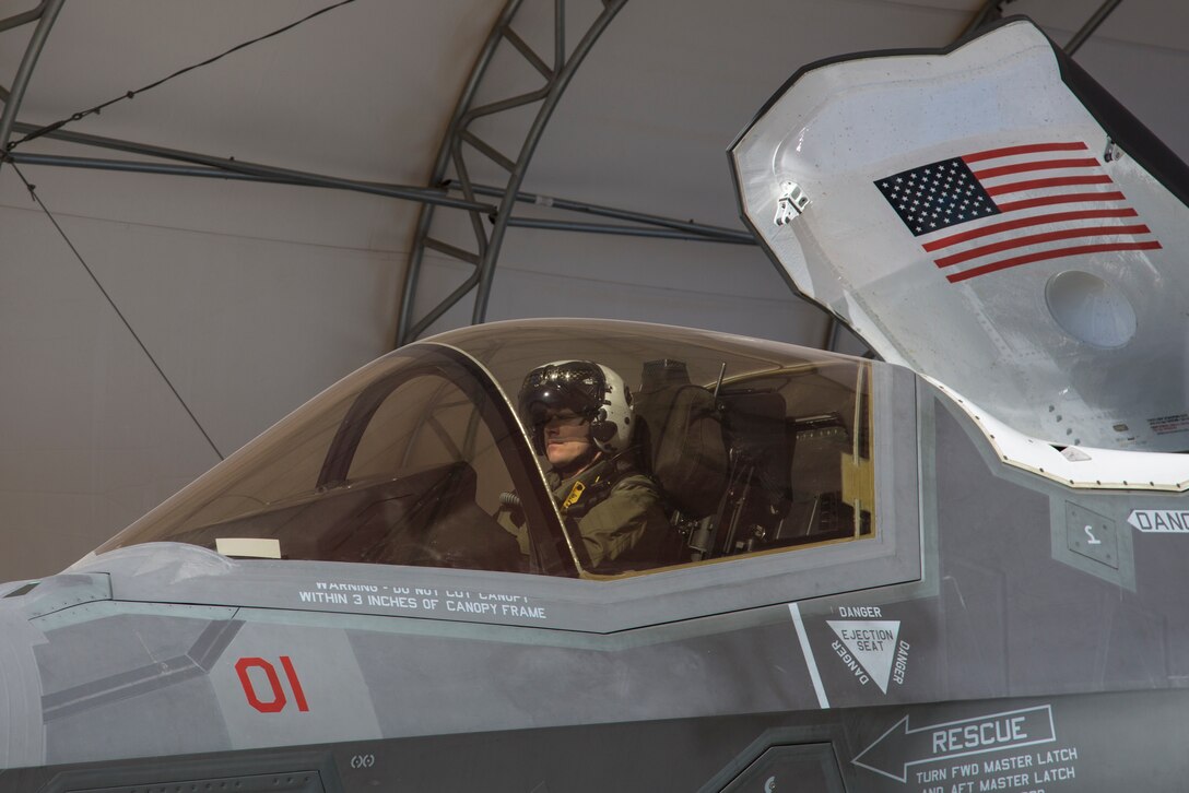 The Commanding Officer of Marine Fighter Attack Squadron 122, Lt. Col. John P. Price, conducts a pre-flight check of aircraft in preperation of VMFA-122's first flight operations in an F-35B Lightning II on Marine Corps Air Station Yuma, Ariz., March 29, 2018. VMFA-122 is conducting the flight operations for the first time as an F-35 squadron.