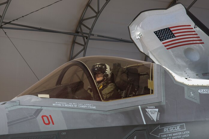 The Commanding Officer of Marine Fighter Attack Squadron 122, Lt. Col. John P. Price, conducts a pre-flight check of aircraft in preperation of VMFA-122's first flight operations in an F-35B Lightning II on Marine Corps Air Station Yuma, Ariz., March 29, 2018. VMFA-122 is conducting the flight operations for the first time as an F-35 squadron.