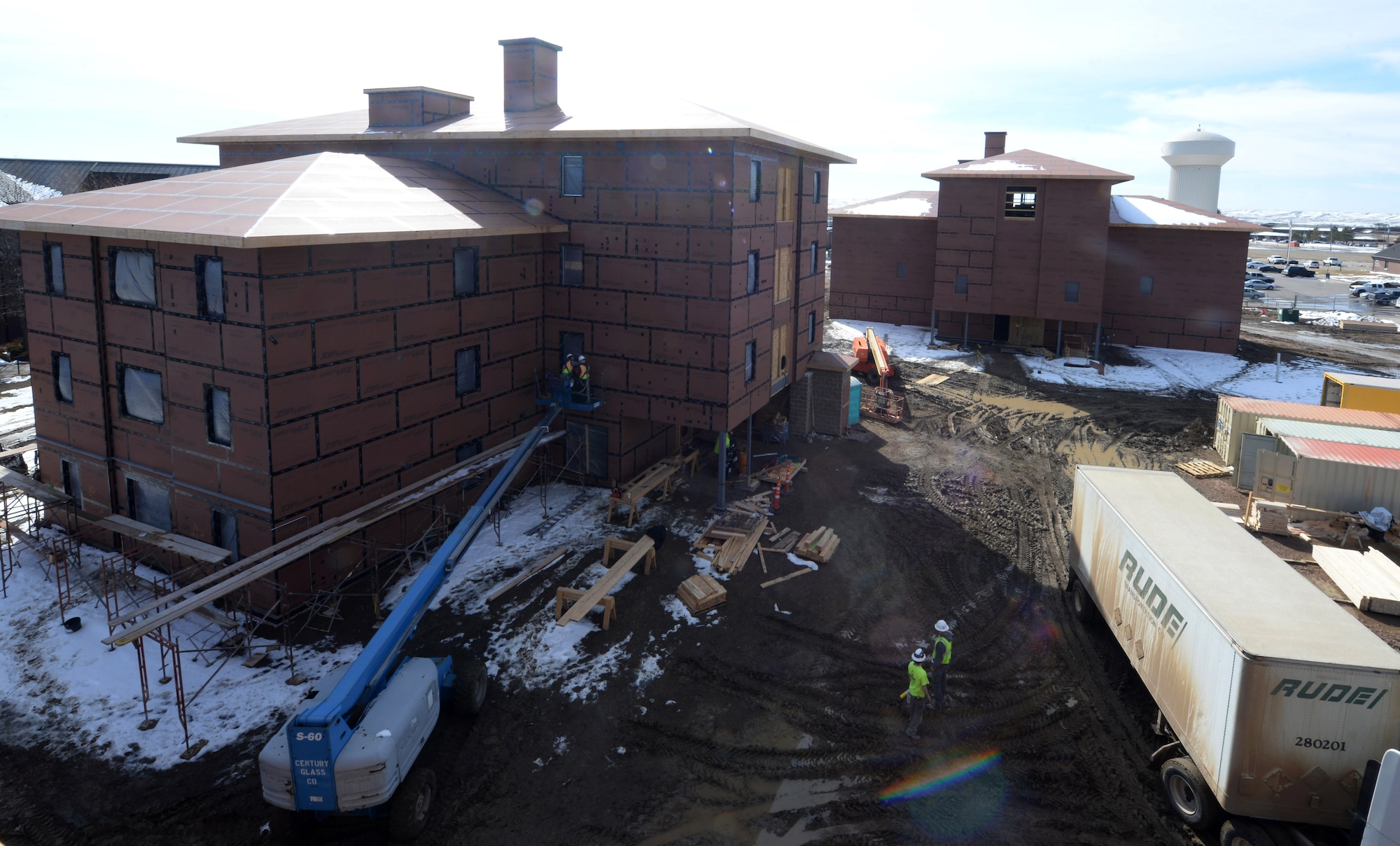 Three new dormitories are worked on March 22, 2018, at Ellsworth Air Force Base, S.D. When completed, the dorms will accommodate approximately 140 base Airmen. (U.S. Air Force photo by Airman 1st Class Thomas Karol)