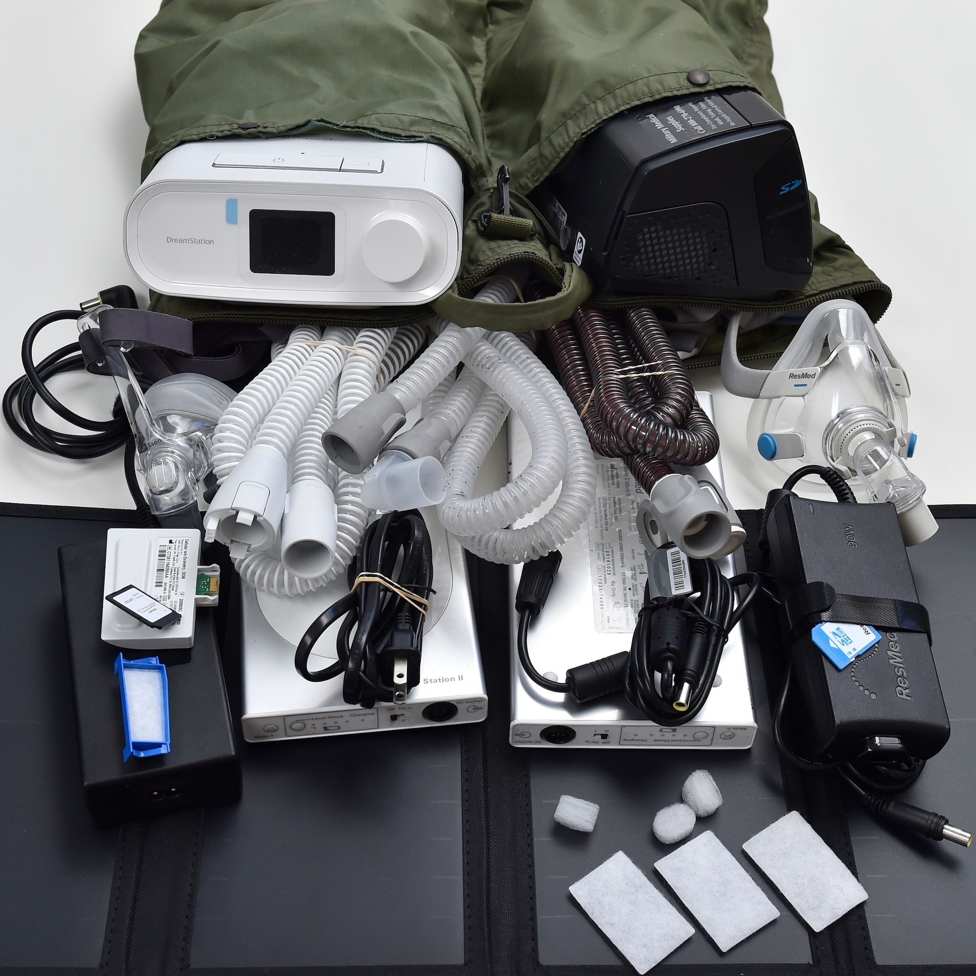 Items found in the Travis Kit will supply reliable electric power to operate a continuous positive airway pressure device for eight to 12 days.  Items include CPAP device, filters, hoses, batteries and battery chargers.